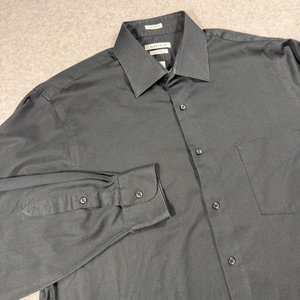 Van Heusen Dress Shirt Mens 16 32/33 Black Lux Sateen Regular Fit
